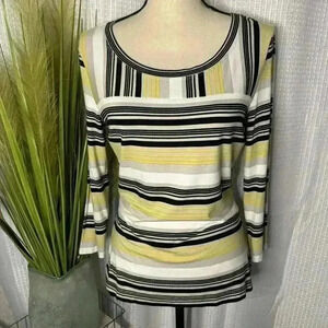 St John Women’s Small Long Sleeve Yellow/Black Striped Tunic Top Scoop Neck